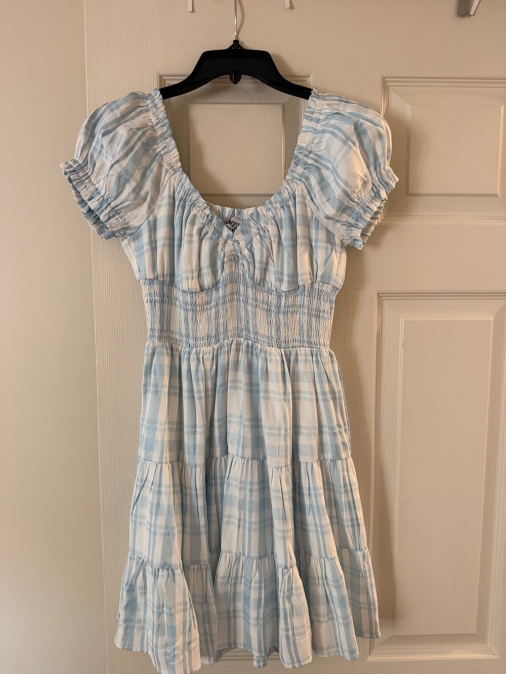 Princess Polly Light Blue and White Plaid Puff Sleeve Dress